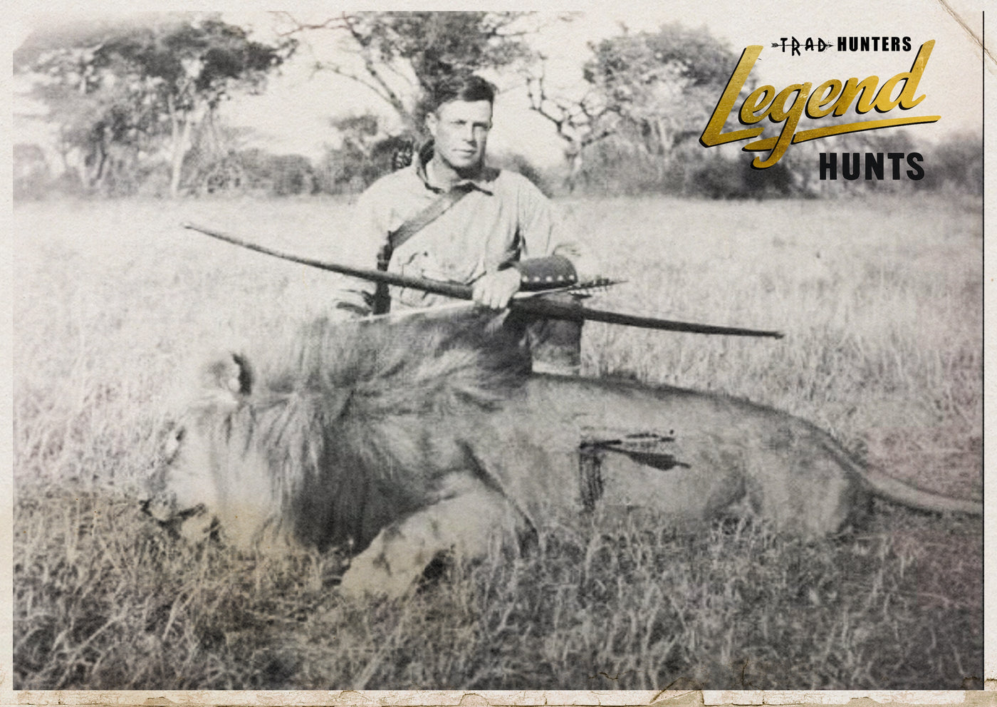 Art Young with a lion taken in Africa in 1925 with a longbow, Trad Hunters Legend Hunts