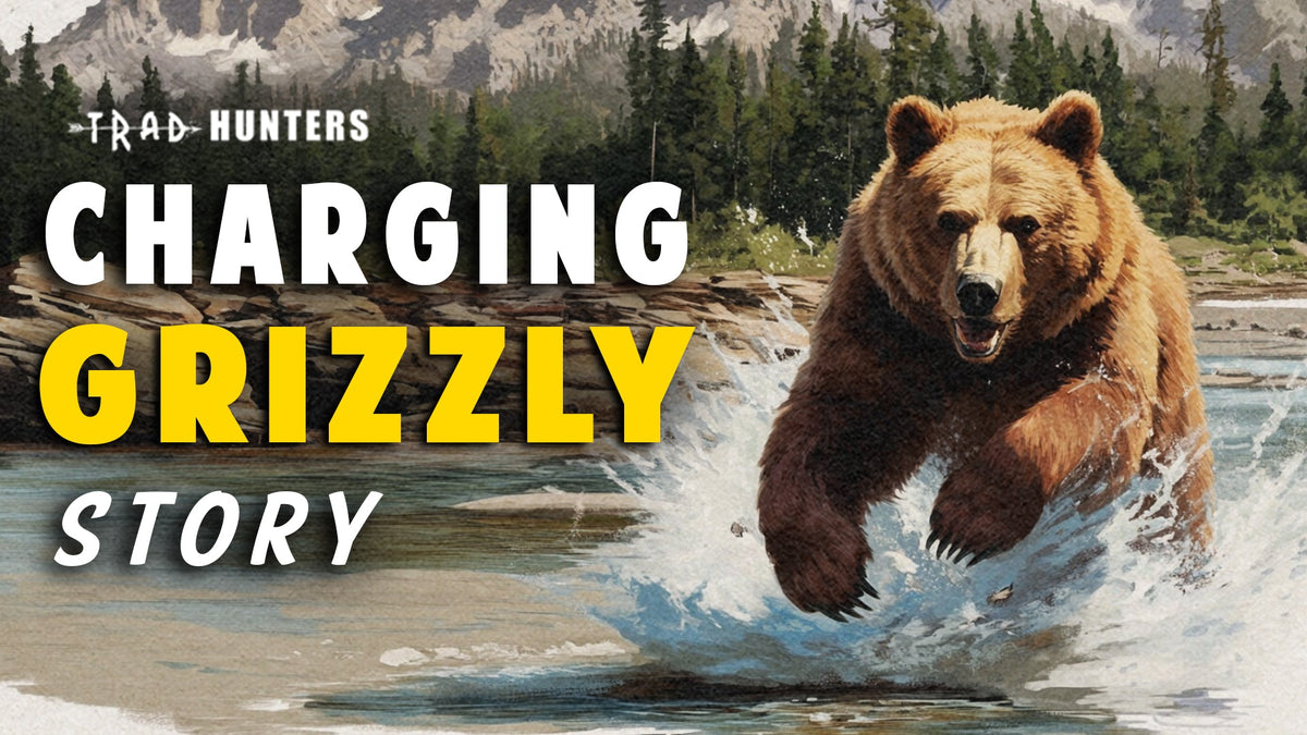 Charging grizzly bear in an Alaskan river during a close encounter while bowhunting moose in grizzly country.