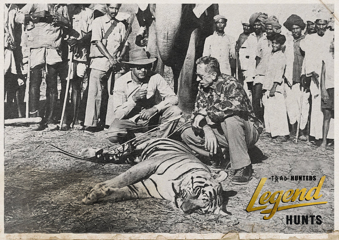 Fred Bear with a Bengal tiger taken in Rajasthan India with a recurve bow, Trad Hunters Legend Hunts