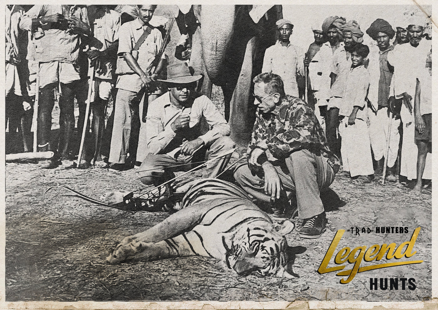 Fred Bear with a Bengal tiger taken in Rajasthan India with a recurve bow, Trad Hunters Legend Hunts