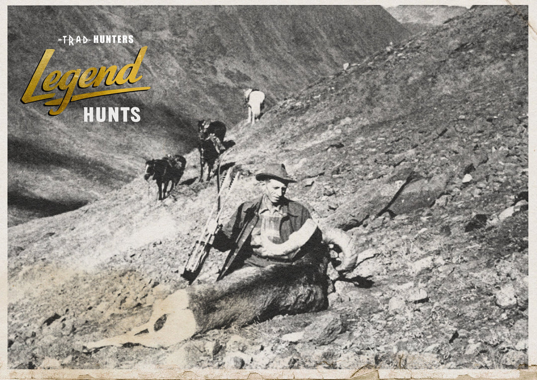 Fred Bear with the first Stone sheep ever taken by a bowhunter in British Columbia, Trad Hunters Legend Hunts