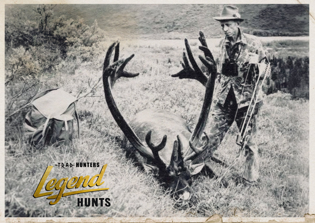 Fred Bear standing over a bull caribou taken on the Little Delta in Alaska in 1959 with a recurve bow, Trad Hunters Legend Hunts