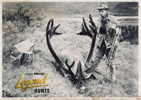 Fred Bear standing over a bull caribou taken on the Little Delta in Alaska in 1959 with a recurve bow, Trad Hunters Legend Hunts