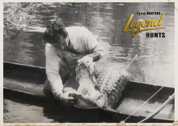 Howard Hill with an alligator taken in the Florida Everglades with a longbow, Trad Hunters Legend Hunts