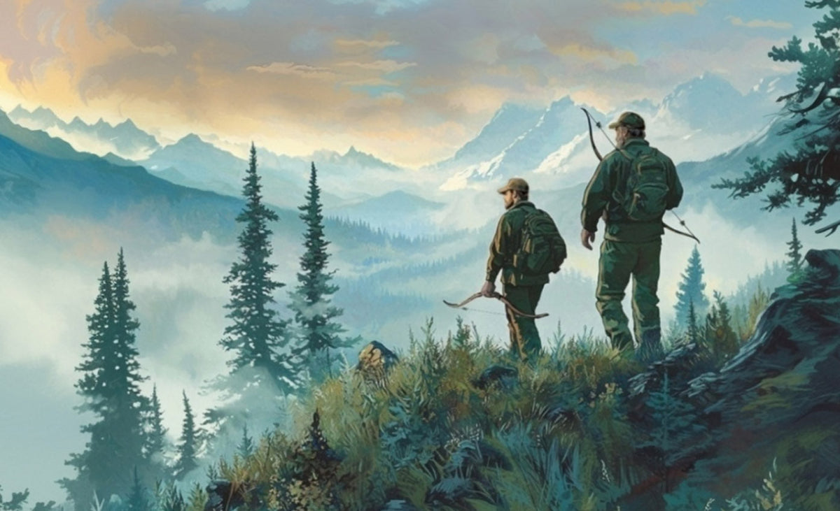 Two traditional bowhunters overlooking mountain country, reflecting on field lessons learned through years of hunting