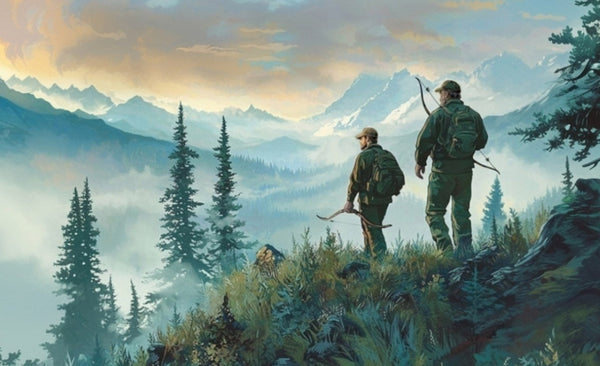Two traditional bowhunters overlooking mountain country, reflecting on field lessons learned through years of hunting