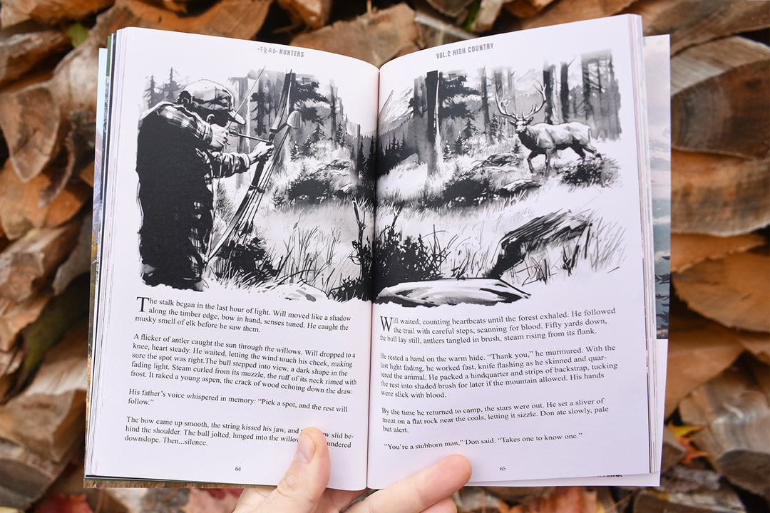 Open spread from Trad Hunters Magazine Volume 2: High Country featuring black-and-white hunting illustrations of a bowhunter and elk in vintage 1950s style