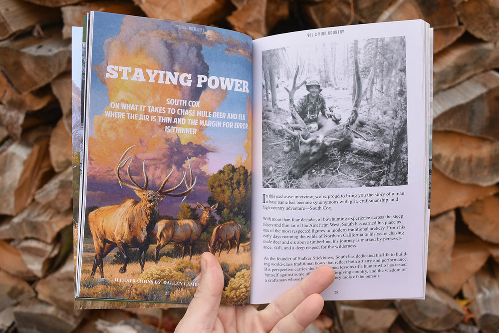Interior pages from Trad Hunters Magazine Vol. 2: High Country featuring an elk hunting illustration and article