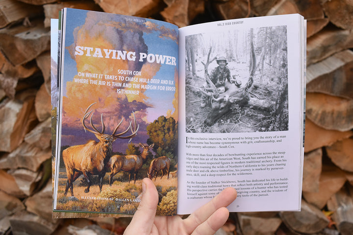 Interior pages from Trad Hunters Magazine Vol. 2: High Country featuring an elk hunting illustration and article